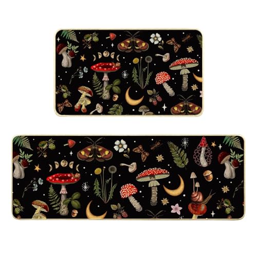 Mushroom Rug Mushrooms Butterfly Spring Kitchen Mats for Floor,Black Kitchen Rug Set of 2 Washable Floor Mats Rubber Rugs Runner Standing Mat Non Slip Rugs Runners for Sink,Dishwasher,17x29+17x47 inch - color: Black