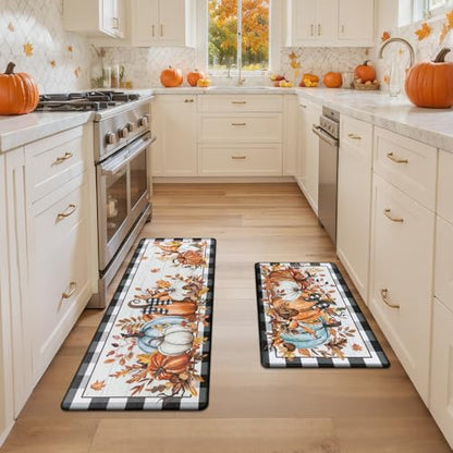 SHACOS Fall Anti Fatigue Kitchen Mats Pumpkins Gnome 17x27.5+17x47 | Orange Maple Black White Checkered Autumn Harvest Cushioned Kitchen Rugs Sets of 2 Non Slip Kitchen Floor Mat - color: Pumpkins Black Plaid