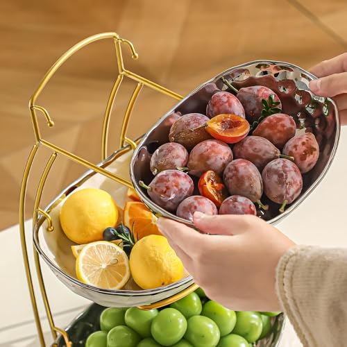 XUDREZ 2 Tier Fruit Bowl with Metal Stand, Ceramic, Gold - color: Gold, 2 Tier