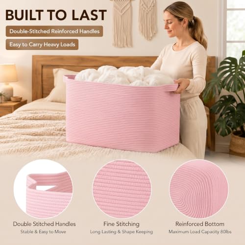 OIASKET 95L Extra Large Blanket Basket, 24" x 16.9" x 14.2" Woven Basket - color: Pink, size: 24"x16.9"x14.2"