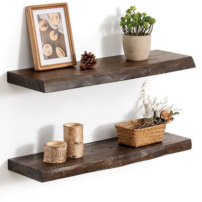 24in Live Edge Solid Elm Floating Shelves, Walnut, Set of 2 - color: Walut Color, size: Live Edge 24 inch, 2Packs