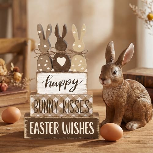 Yousoontic 4 Pcs Rustic Easter Bunny Wooden Table Decorations, Spring Farmhouse Rabbit Tiered Tray Sign Country Table Top Centerpiece Decorative for Home Entryway Office Desk Mantel Room Decor, Gift - style: Easter Bunny