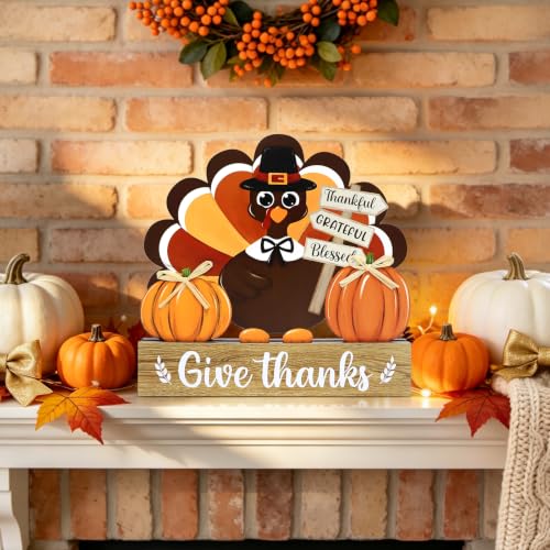 Thanksgiving Decorations Turkey Wooden Table Sign Fall Thanksgiving Turkey Tray Home Centerpiece Autumn Tabletop Rustic Farmhouse Pumpkin Decor for Give Thanks Harvest Indoor Office Shelf Party