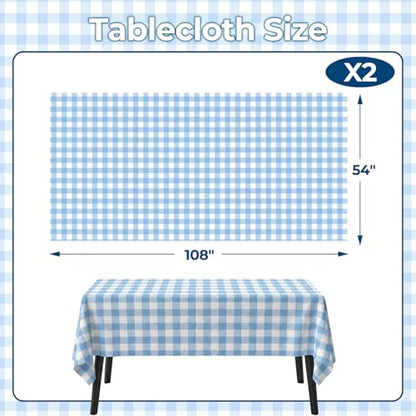 Blue Gingham Tablecloth, 54 x 108 Inch Blue and White Checkered Table Cloth 2 Pack, Disposable Birthday Party Decorations Table Cover, Rectangle Plastic Tablecloth Party Supplies - color: Blue Gingham