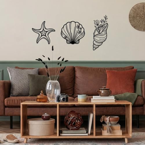 Sanwarm Wall Decor, 3 Pieces, Black Metal, for Home Coastal Beach - color: Seashell