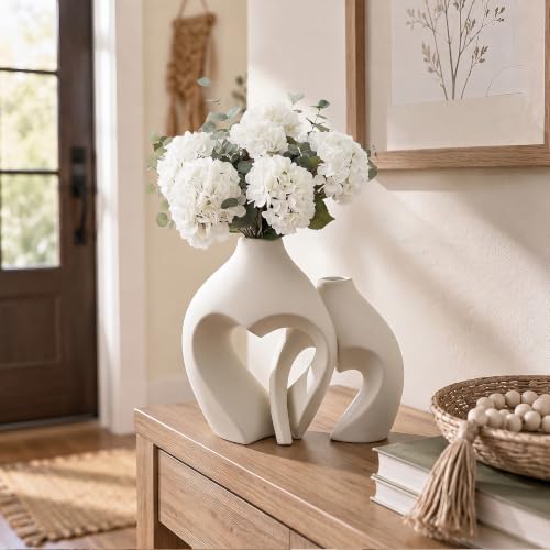 White Ceramic Flower Vase Home Table Decor Heart Shaped Vase Set of 2 - color: Pearl White