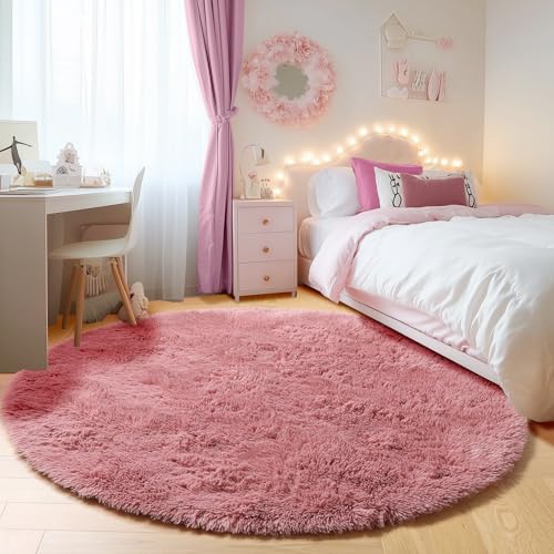 Blush Fluffy Round Rug Circle Area Rugs 4ft for Kids Girls Teen Bedroom - color: Blush, size: 4' (Round)