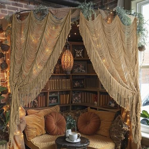 2 Panels Macrame Curtains 59" W x 75" H Handwoven Brown Room Divider Door - color: Khaki *2