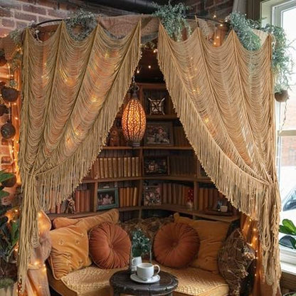 2 Panels Macrame Curtains 59" W x 75" H Handwoven Brown Room Divider Door - color: Khaki *2