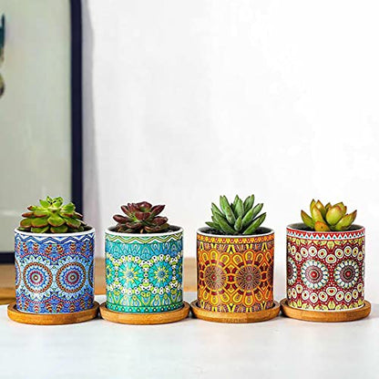 Yesland 4 Pack Succulent Plant Pots with Bamboo Tray, 3 Inch Ceramic Mandalas Pattern Cylinder Planter & Flower Pots with Drainage Hole, for Flowers, Cactus, Home, Garden, Office Decoration