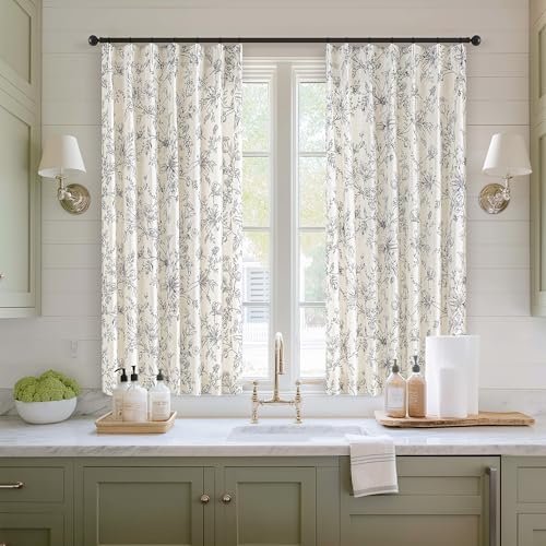 Rustic Boho Black Floral Pinch Pleat Linen Kitchen Curtains 36 Inch Length - color: Black, size: 40"W x 36"L (Pack of 2)