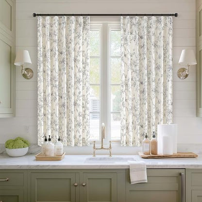 Rustic Boho Black Floral Pinch Pleat Linen Kitchen Curtains 36 Inch Length - color: Black, size: 40"W x 36"L (Pack of 2)
