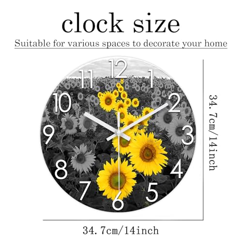 XFM Sunflower Kitchen Glass Wall Clock 14 Inch Silent - color: Yellow1, size: 14 Inch