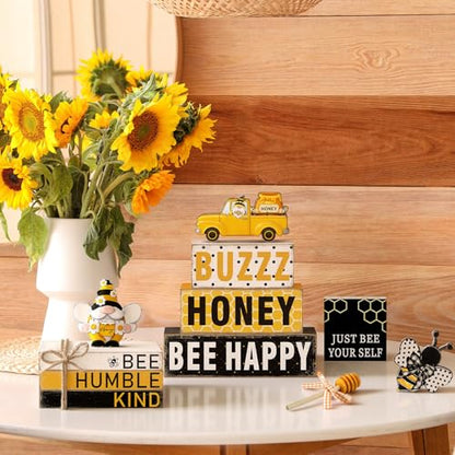 11 Pcs Bee Table Decorations Bee Tiered Tray Decorations Set Gnome Stack Signs Honey Farmhouse Rustic Wooden Table Centerpieces for Home Party - style: Bee