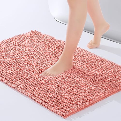 FRESHMINT Chenille Bathroom Rugs Mat 24"x17",Non-Slip Bath Mat for Bathroom Floor & Bathtub, Washable Soft Shower Shag Bath Rugs, Durable Fluffy Thick Water Absorbent Microfiber Shower Mat, Coral - color: Coral, size: 1'5" x 2' (Rectangular)