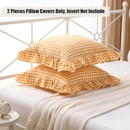Mywinlle Mustard Yellow Gingham Ruffle Throw Pillow Covers 18"x18" - color: Mustard Yellow, size: 18" x 18" (Pack of 2)
