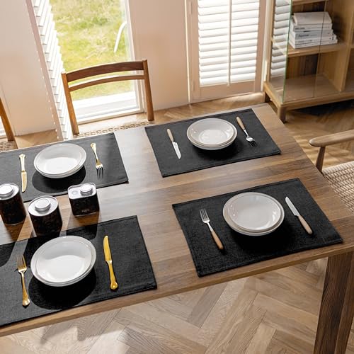 Demetex Black Placemats Set of 4 Stain Resistant Cloth Place Mats Heat Resistant Linen Table Plate Mats for Kitchen Dining Party Gathering, Black - color: Black, size: Placemats set of 4