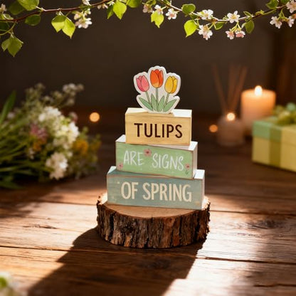 Spring Decoration Wooden Tiered Tray Decor – Tulips Spring Stacked Block Sign with Floral Accent – Farmhouse Tabletop Spring Decor for Shelf Mantel Seasonal Home Display - style: Tulips