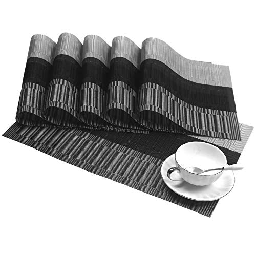 SHACOS Woven Vinyl Placemats for Dining Table Set of 6 Non Slip PVC Bamboo Basket Weave Table Place Mats (6, Ombre Black Gray) - color: Ombre Black Gray, size: Set of 6