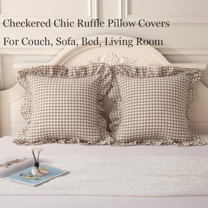 Silnuo 2 Pack Taupe/White Plaid Ruffle Throw Pillow Covers 24"x24" - color: Taupe Plaid, size: 24" x 24" - Set of 2