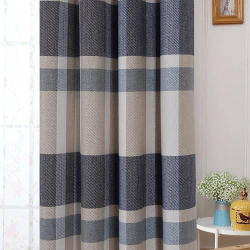 always4u 100% Blackout Plaid Curtains for Bedroom Living Room Woolen Look Black Tartan Grommet Thermal 2 Panels 45 * 95 Blue White - color: Blue White, size: 45"W x 95"L (Pack of 2)