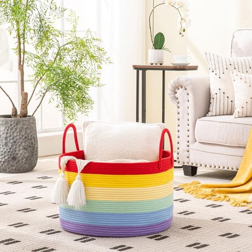 KAKAMAY Large Blanket Basket with Handles, Storage Basket for Living Room - color: Rainbow