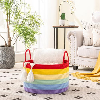 KAKAMAY Large Blanket Basket with Handles, Storage Basket for Living Room - color: Rainbow