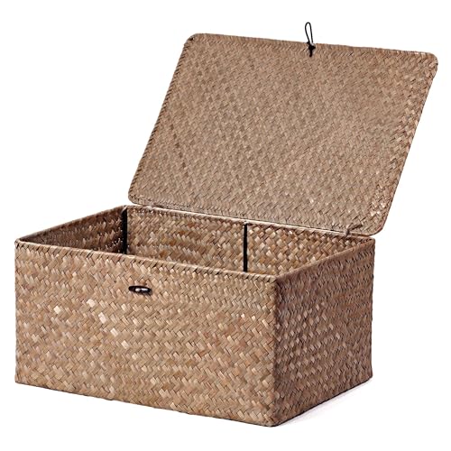 Nonam Large Wicker Basket with Lid,Seagrass Shelf Storage Basket,Coffee - color: XXL-Coffee