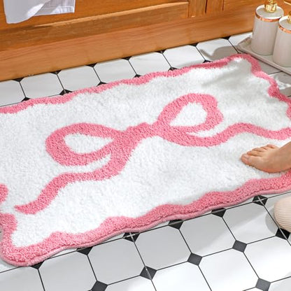 Tinideya Pink Bow Bathroom Rug 36" x 24" Scalloped Bow Bath Mat - color: Pink, size: 36" x 24" (Rectangular)
