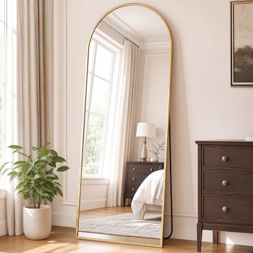 DUMOS 63"x20" Arched Full Length Floor Mirror, Full Body Mirror with Stand - color: Gold-rounded, size: 63"L x 20"W