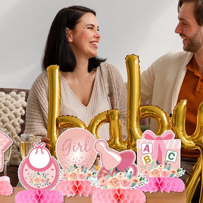 12 Pcs Baby Shower Decorations for Girl Glitter Pink Honeycomb Centerpieces - style: baby shower