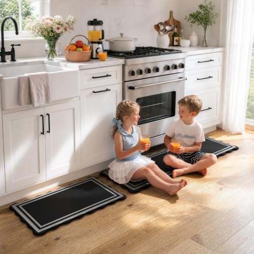KIMODE Kitchen Mats Cushioned Anti Fatigue,Farmhouse Kitchen Rugs Sets of 2 - color: Black/White, size: 17.3" x 47"+17.3" x 29"--0.47 inches