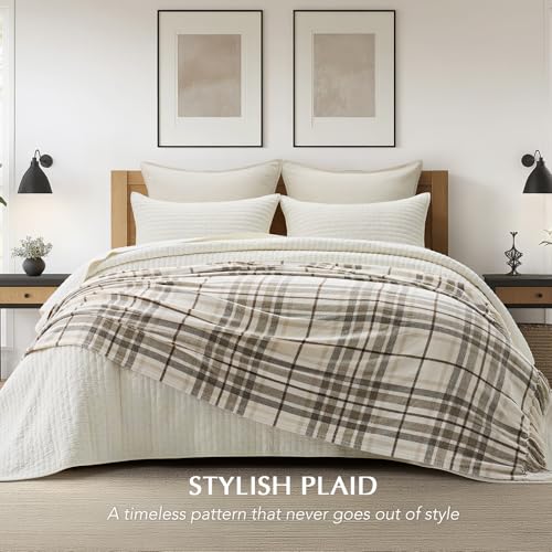 EverGrace Plaid Chenille Queen Blanket for Bed, 90"x90", Beige - color: Plaid Beige & White, size: 90"x90"