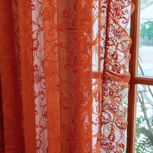 TUDECO Orange Curtains for Living Room - Bright Floral Curtains 72 Inch Length, Light Filtering Sheer Ruffled Rod Pocket Rust Room Decor 2 Panels, 59W x 72L Inch, Burnt Orange - color: Burnt Orange, size: 59"W x 72"L (Pack of 2)