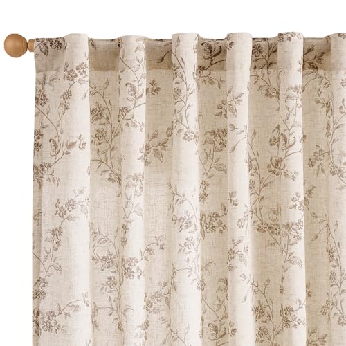 Lazzzy Taupe Vintage Floral Linen Curtains Farmhouse 50W X 84L 2 Panels - color: Taupe on Beige, size: 50"W x 84"L (Pack of 2)