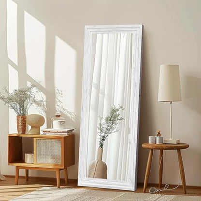 58x22in Full Length Mirror, 3-Tier Stepped Solid Wood Frame, White - color: White, size: 58"L x 22"W