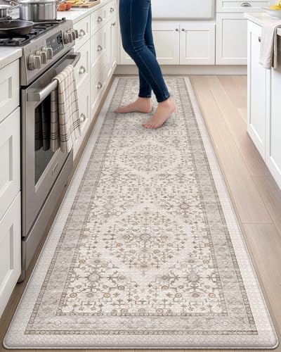 DEXI Kitchen Floor Mats Cushioned Anti Fatigue Runner Rug, 24x107 Long - color: Beige/White, size: 107"L x 24"W x 0.4"Th