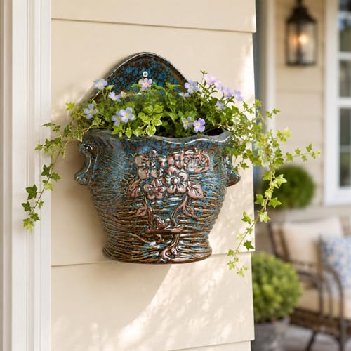 Ceramic Wall Planter for Indoor and Outdoor Plants, Decorative Ceramic Hanging Planter with Drainage Hole, Wall Hanging Flower Pot for Succulents, Herbs, Patio, Fence, Porch and Garden Decor -(Home) - color: Embossed - Home