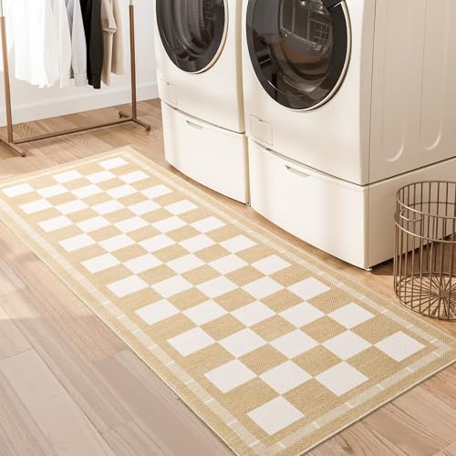 Vasofe 2x6 Runner Rug for Hallway, Checkered Jute Runner Rugs, Washable Rug - color: Khaki & White, size: 2' x 6' (Rectangular)