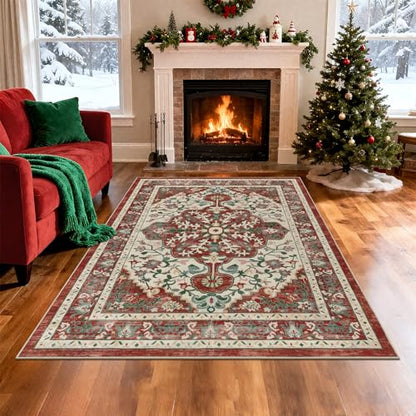 U'Artlines Red Christmas Area Rug 5x7 Boho Washable Soft Holiday Carpet - color: Christmas Red, size: 5' x 7' (Rectangular)