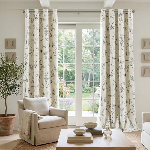 ChrisDowa 100% Blackout Floral Curtains 84 Inches Long 2 Panels,Grey/Beige - color: Grey on Beige, size: 52"W x 84"L (Pack of 2)