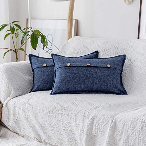 Home Brilliant Linen Throw Pillow Covers Triple Button Decorative Pillowcases Oblong Cushion Covers for Sofa Couch Bed, 12x20 inch (30x50cm), Navy Blue - color: Navy Blue, size: 20" x 12" (Pack of 2)