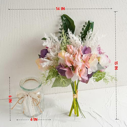 Fake Flowers with Vase, Artificial Pink & Purple Hydrangea Arrangement - color: Purple & Green