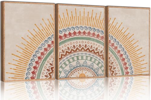 HPINUB Boho Sun Framed Canvas Wall Art Set, Mid-Century Modern Wall Decor, Minimalism Bohemian Wall Painting, Abstract Geometric Pattern Art Print for Living Room, Bedroom, Office - 16"x24"x3 - color: Boho Sun Wall Art, size: 16"L x 24"W