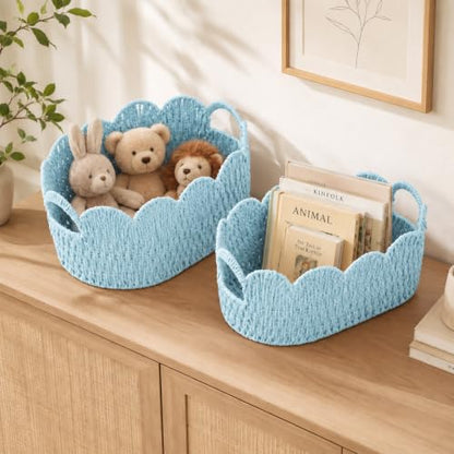 Endymion Set of 2 Paper Rope Scalloped Basket, Wicker Storage Baskets Blue - color: Blue
