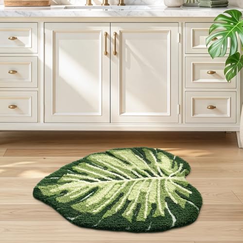 LUMI Bathroom Rug Green Leaf, Absorbent Non Slip Bath Mat, 23.5"x31.5" - color: Ample Monstera