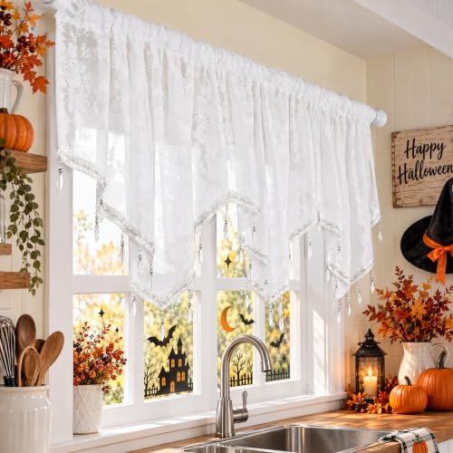 Molaxhome Swag Curtain Scalloped Curtain Valance Drape Sheer Lace Panel 1pc - color: Lace White