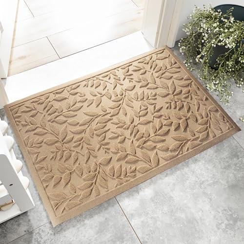 Beige Leaves Outdoor Indoor Entrance Doormats, Absorbent Durable Heavy Duty Welcome Front Door Mat,Thick Natural Rubber Back,Easy Clean Entryway Mat 23x35 Inch, Low Profile - color: Leaves-beige, size: 1'11" x 2'11" (Rectangular)