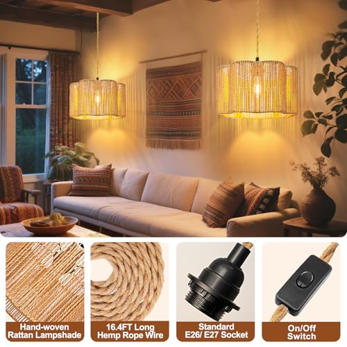 Hanging Lamps Rattan Pendant Light Hanging Lights 16.4ft Plug in Cord Pendant Light Fixture Plug Into Wall Outlet Pendant Lighting with On Off Switch for Bedroom Living (Cylindrical Flower Shade) - size: 12.6 Inch - Flower Shade