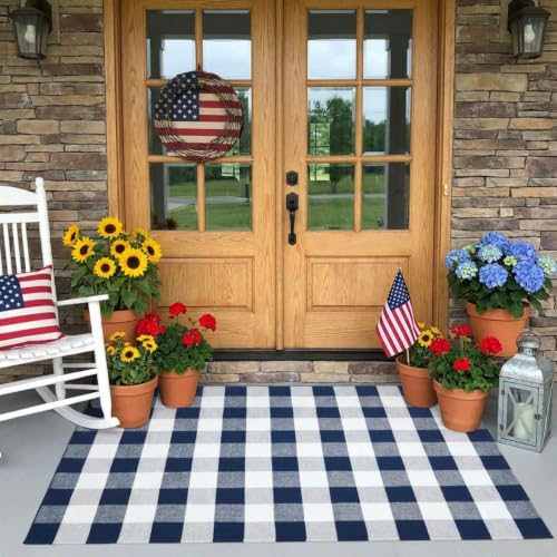 MUBIN Cotton Buffalo Plaid Rug, 4' x 6' Navy Blue White Outdoor Rug Decorative Mat, Washable Large Doormat Hand-Woven Foldable Area Rug for Outdoor Patio Indoor Living Room Dining Room Kitchen - color: Navy Blue White Plaid, size: 4' x 6' (Rectangular)